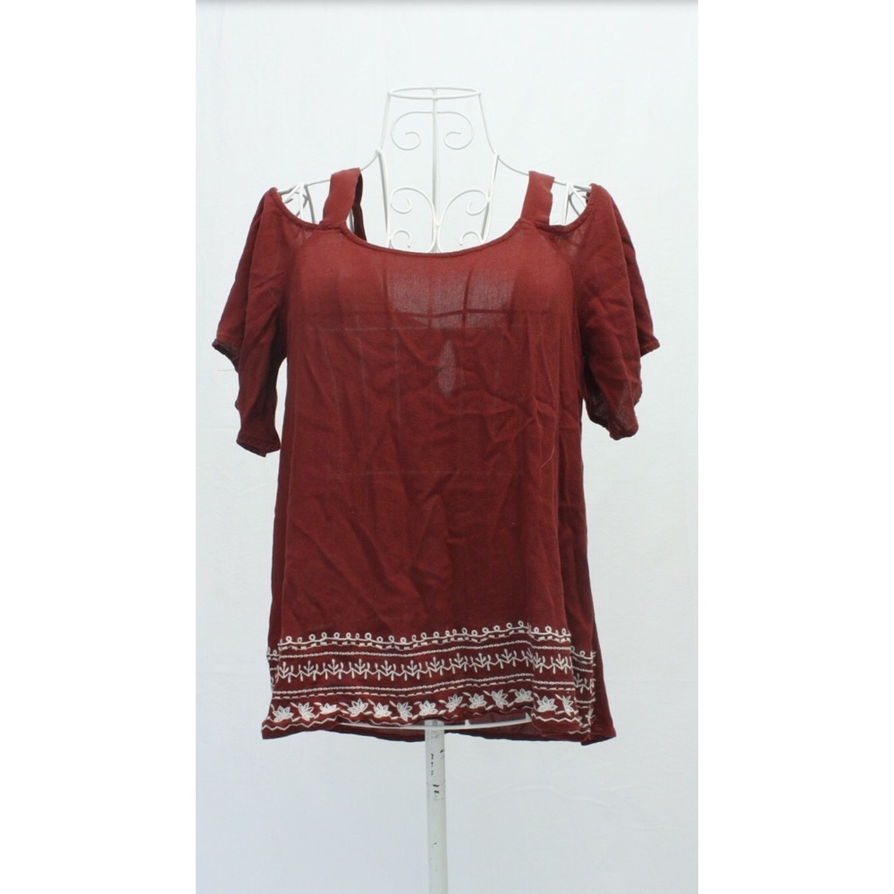 Burgundy Red Off The Shoulder Embroidered Shirt